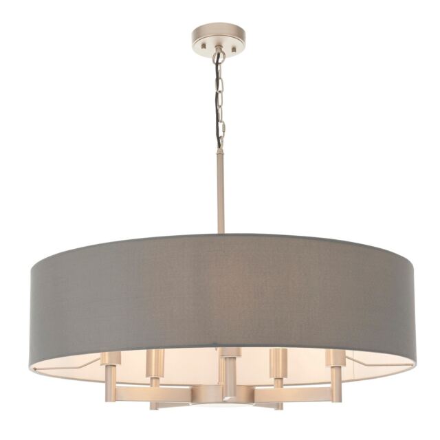 Grande Cylindrical Pendant Ceiling Light Matt Nickel Plate, Grey Fabric, 5x E27