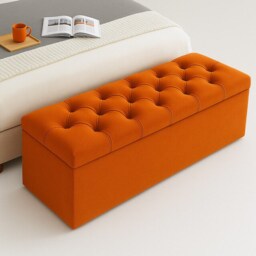 90cm Chesterfield Ottoman Storage Box, Burnt Orange Plush Velvet Upholstered Blanket Box, End of Bed Bench, Deep Storage Chest
