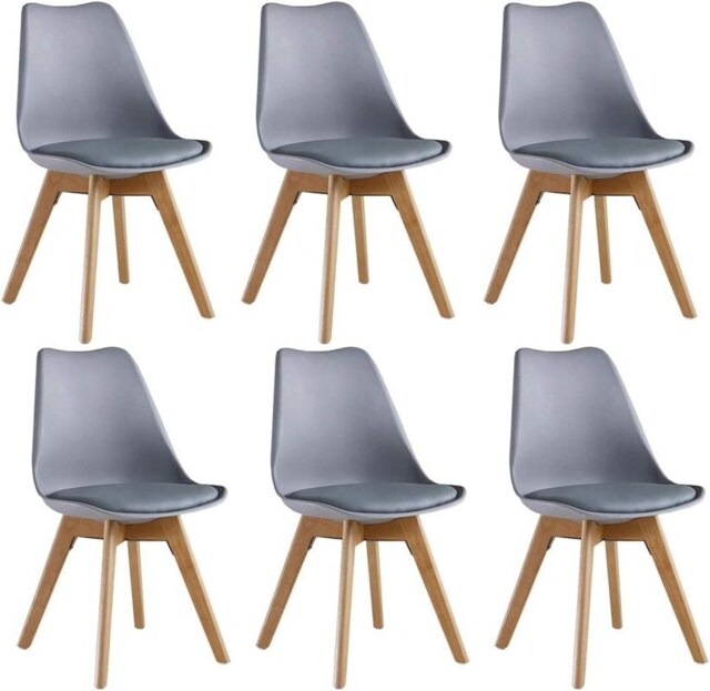 Set of 6 Scandinavian Dining Chairs with Leather Cushions Solid Wood Legs Grey