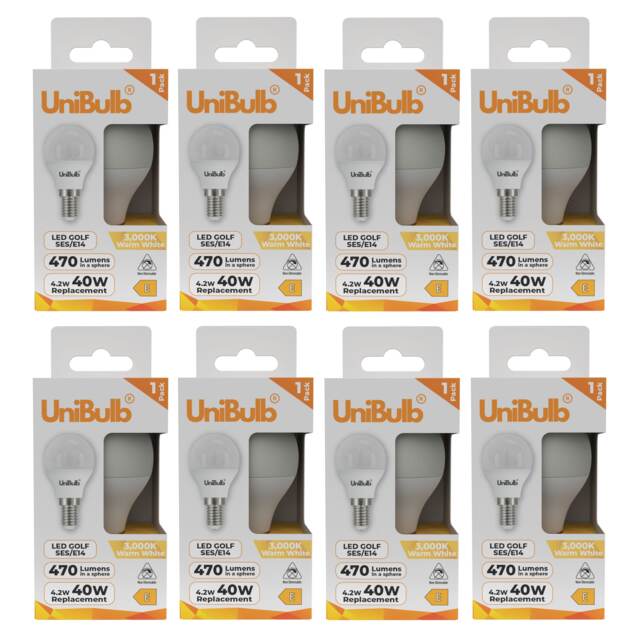UniBulb LED Golf Ball E14 Small Edison Screw (SES) 470lm 4.2W (Replaces 40W) 3000K (Warm White) Light Bulb - Pack of 8 White Warm White 8
