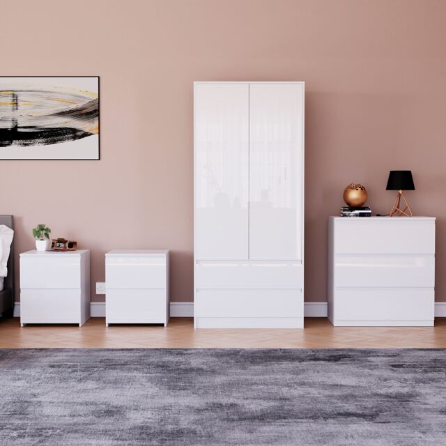 Vida Designs Glinton 4 Piece FSC Certified Bedroom Set (2 Drawer Bedside Chest x2, 3 Drawer Chest, 2 Door 2 Drawer Wardrobe), White White White