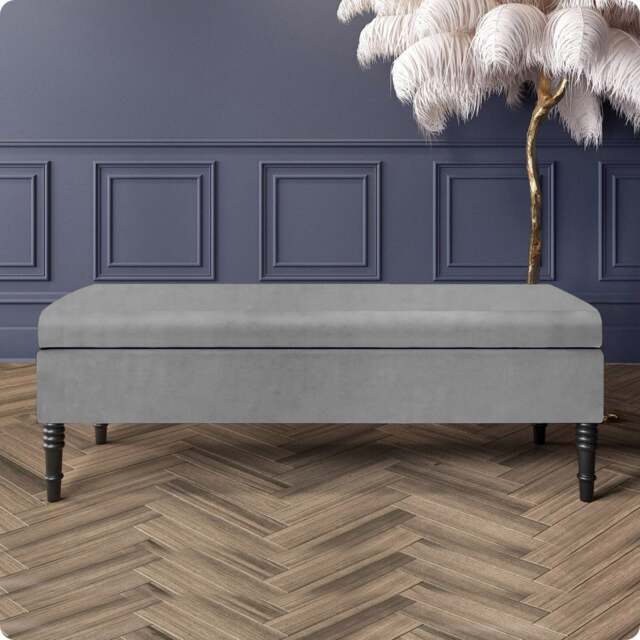 Safar Plain 90cm Ottoman Storage Bench - Plush Velvet Shoe Bench - Silver Upholstery Footstool with Storage