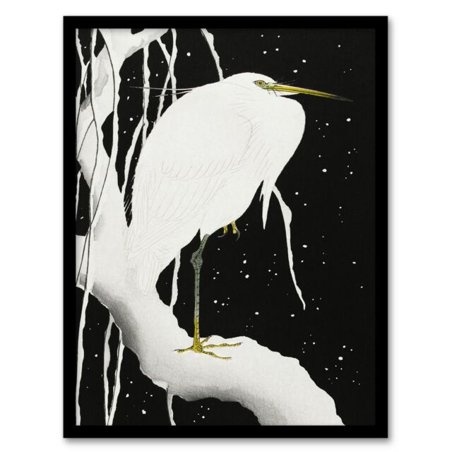"Heron In Snow Covered Tree Branch Japanese Framed Wall Art Print Koson 12x16"""