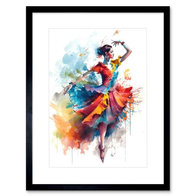 "Flamenco Dancer Rainbow Colour Dress Dance 9x7"" Black Framed Wall Art Print"
