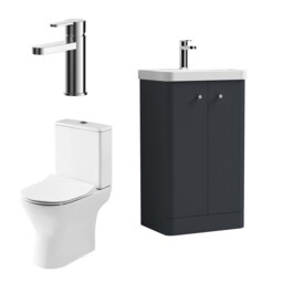 Balterley Contemporary Floor Standing 2 Door Bathroom Vanity Unit, Basin, Tap & Toilet Pack Grey Satin Soft Black 814 x 479 x 342mm