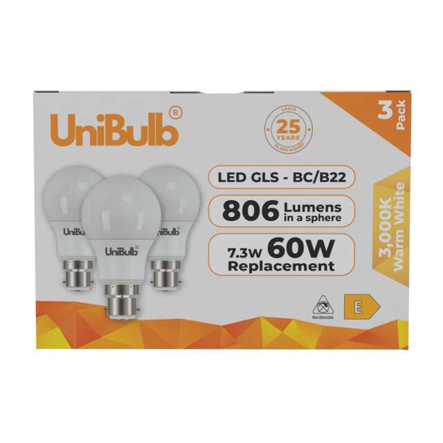 UniBulb LED GLS B22 Bayonet Cap (BC) 806lm 7.3W (Replaces 60W) 3000K (Warm White) Light Bulb - Pack of 3 White Warm White 3