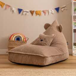Icon Kids Bertie Bear Lounger and Cushion Bundle Jumbo Cord Lounger, Brown