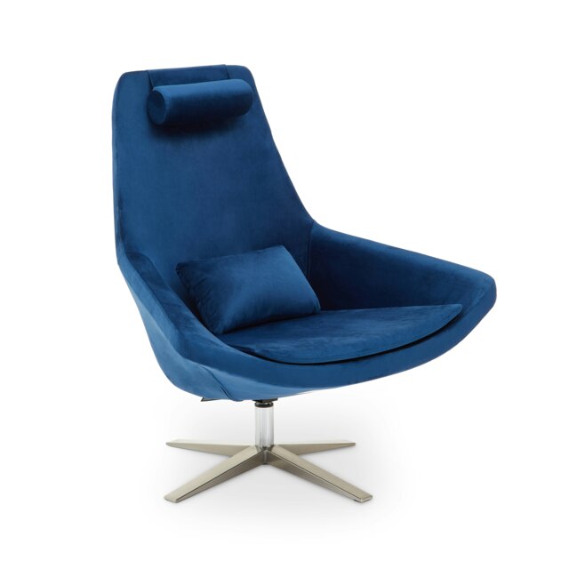 Orsina Navy Curved Velvet Arm Chair with Lumbar Cushion and Headrest, Lounge Chair with Sturdy Base for Home, Office