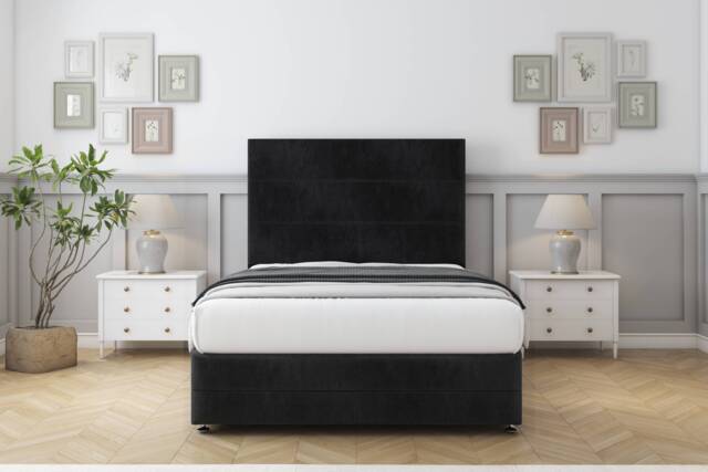 "Sloomy Monaco Black Naples Divan Bed With Mattress 2 Drawers Left Side With 26"" Strutted Headboard & 12"" Matching Footboard 2'6 Small Single Black Black Small Single 1"