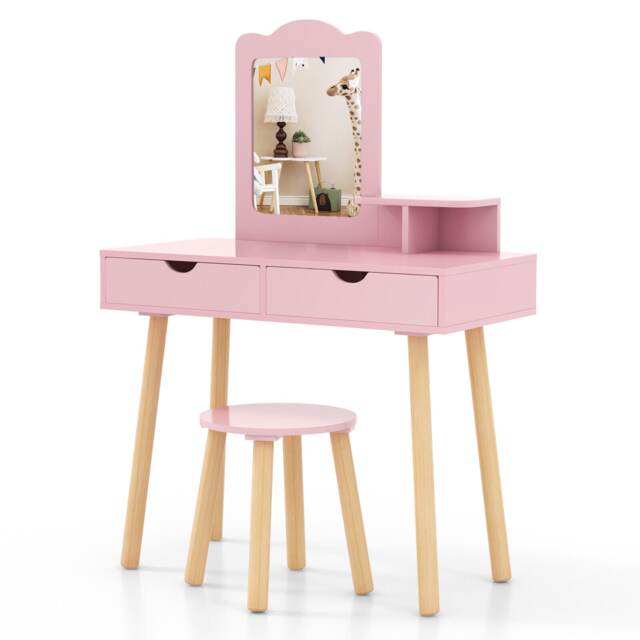 COSTWAY 2-in-1 Kids’ Vanity Set Kids Wood Vanity Table Pink