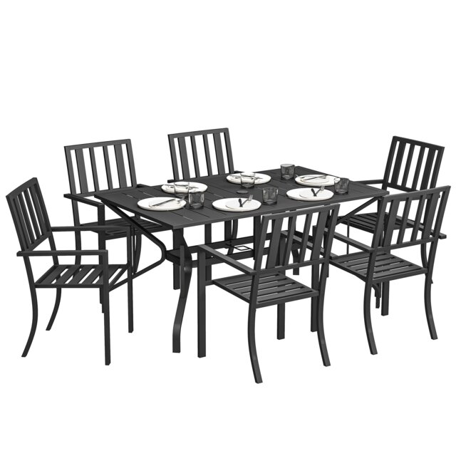 Outsunny 7 Pieces Patio Dining Set with Umbrella Hole, for Poolside, Garden Black Black Table: 150x90x73cm Chair: 57x58x89cm