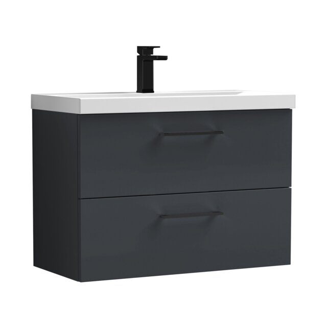 Balterley Wall Hung Bathroom 2 Drawer Vanity Unit and 1 Tap Hole Ceramic Basin, with Handles Grey