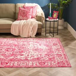 OHS Vintage Print Washable Rug Non Slip Floor Carpet Mat - 120 x 170cm Pink 120cm x 170cm