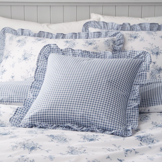 Catherine Lansfield Lucie Floral Frill Fully Reversible Cushion Blue 45x45cm 1
