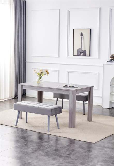 Modern Rectangle Grey Dining Table Set With 2 Grey Velvet Benches Dining Room Furniture