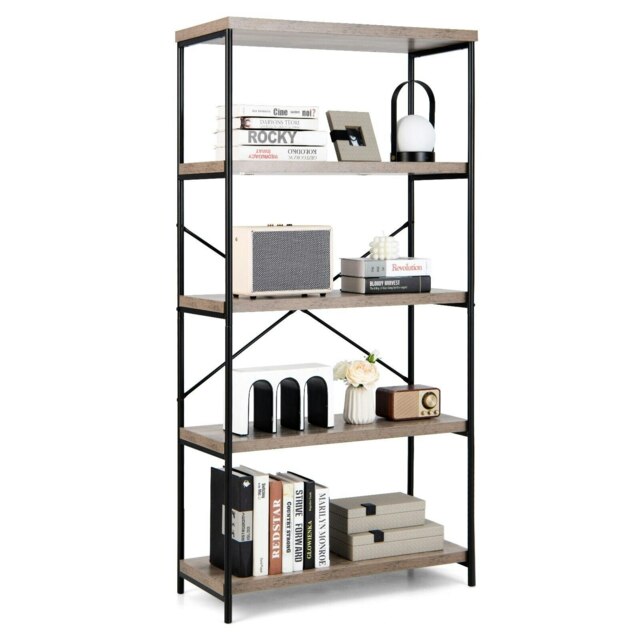 COSTWAY 5-Tier Bookshelf Wood Bookcase Display Rack Grey Grey