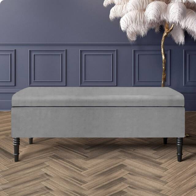 Paris Plain 90cm Ottoman Storage Bench - Plush Velvet Shoe Bench - Silver Upholstery Footstool with Storage