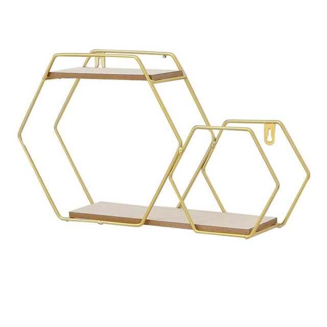 Living and Home Iron Wall Mounted 2 Tier Hexagon Floating Dispaly Shelves- Gold