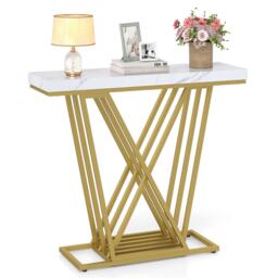 COSTWAY Gold Console Table Modern Sofa Table-White