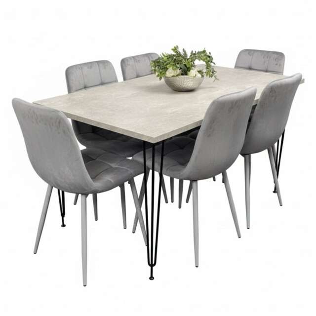 Grey Wooden Dining Table Hairpin Legs with 6 Grey Velvet Chairs - Dining Kitchen Room Furniture