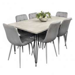 Grey Wooden Dining Table Hairpin Legs with 6 Grey Velvet Chairs - Dining Kitchen Room Furniture