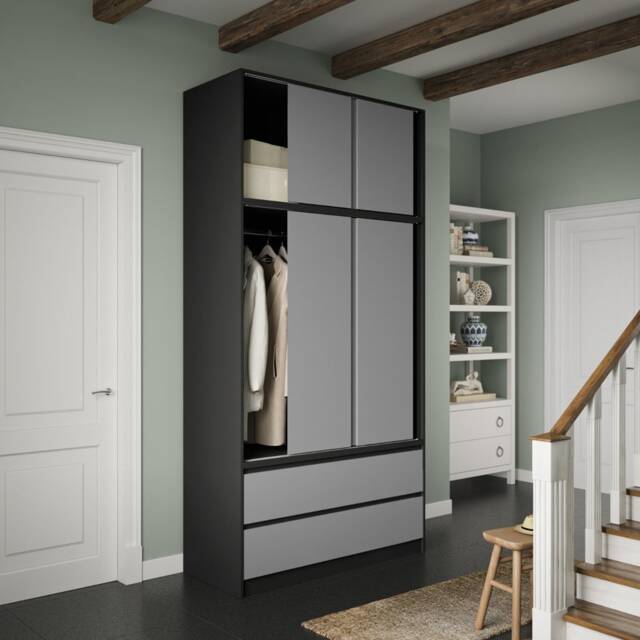 120cm 3 Sliding Doors Children Kids Wardrobe Bedroom Storage Closet Hanging Rail Multi Black with Oak Doors 1