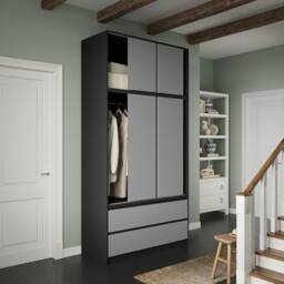 120cm 3 Sliding Doors Children Kids Wardrobe Bedroom Storage Closet Hanging Rail Multi Black with Oak Doors 1