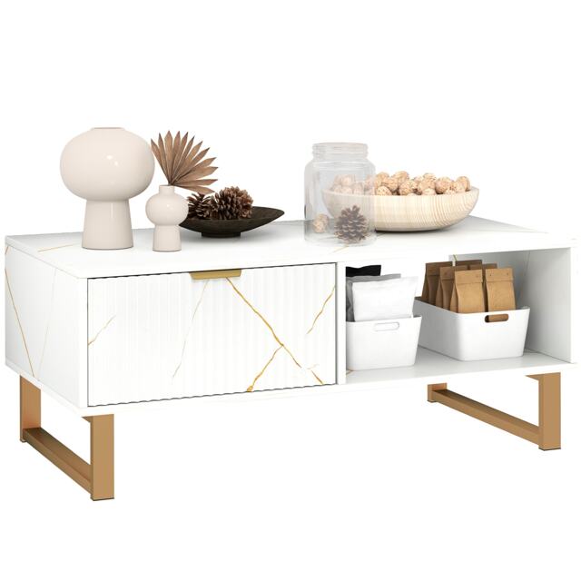 HOMCOM Marble-Effect Coffee Table with Storage, Living Room Table with Drawer and 2 Open Shelves, Modern Centre Table with Fluted Door, White White