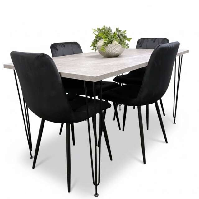 Grey Dining Table with Hairpin Legs & 4 Black Velvet Chairs Set for Kitchen & Dining Room
