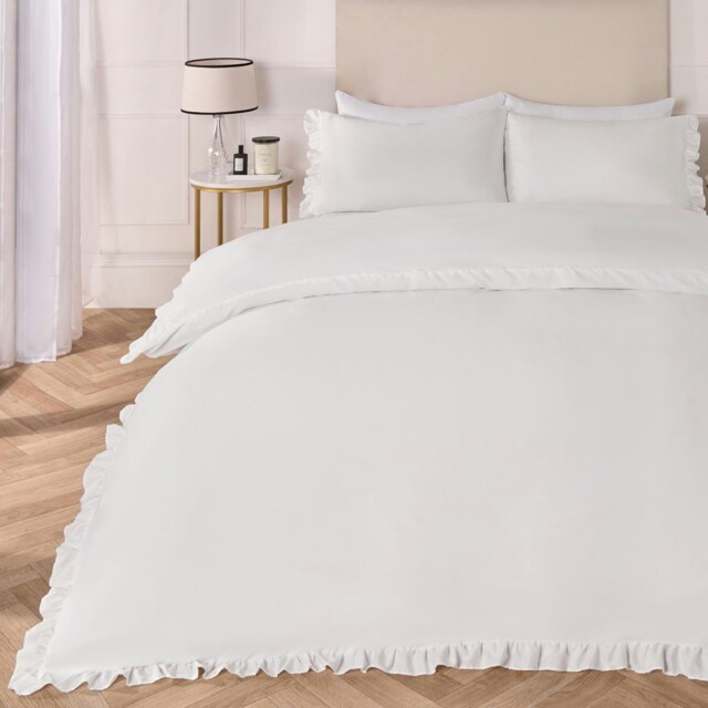 OHS Ruffled Frill Edge Duvet Cover and Pillowcase Bedding Set, Super King - White