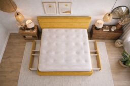 Divan Bed Set Headboard and Footboard with Mattress 2ft6 Small Single Mustard Suede Storage 2 Drawers Left Side Laying in Bed