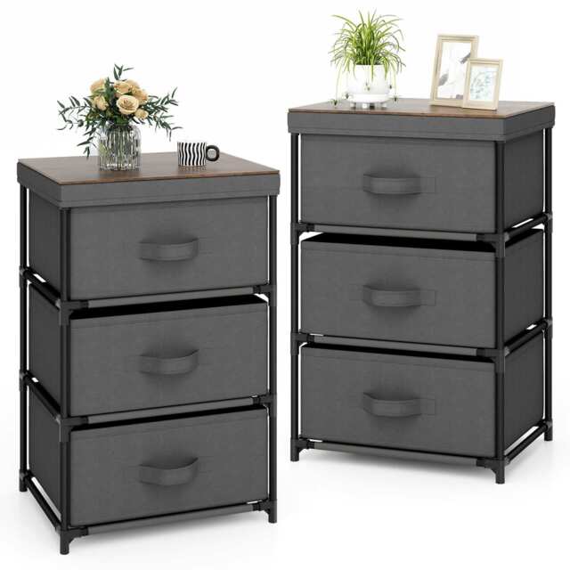 COSTWAY Set of 2 3-Tier Fabric Dresser Fabric Nightstand Grey Grey