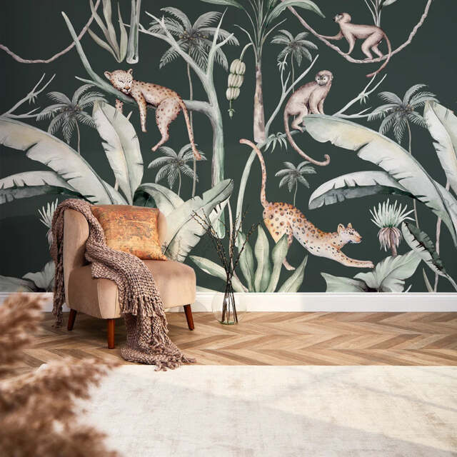 Sleepy Leopards Full Wall Mural in Bottle Green Green Bottle Green Extra Large (350cm x 240cm)