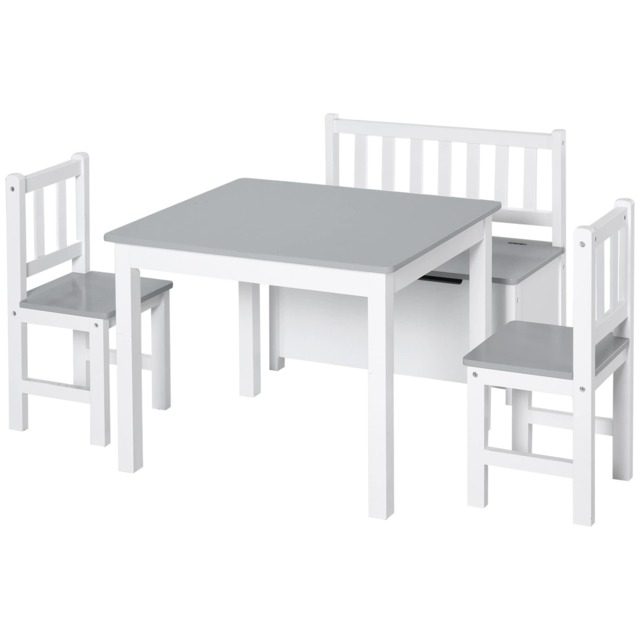 HOMCOM 4-Piece Set Kids Wood Table Chair Bench w Storage Function for 3 Years Grey