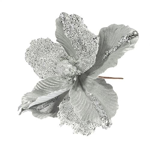 Silver Velvet Magnolia with Glitter Edge Artificial Flower Decoration 26cm