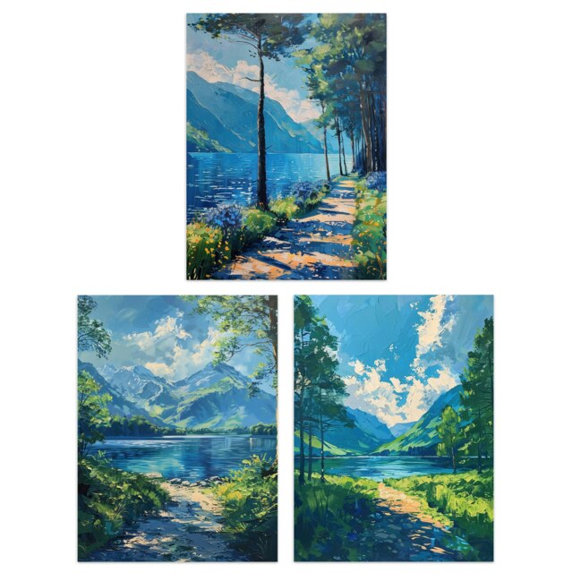Set of 3 Loch Katrine Scottish Highlands Painting Living Room A4 Size Wall Art Prints Pack