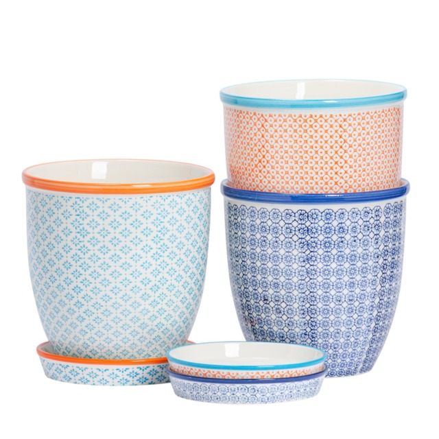 Nicola Spring Hand-Printed Plant Pots with Saucers - 20.5cm - 3 Colours - Pack of 3 Multi Multi