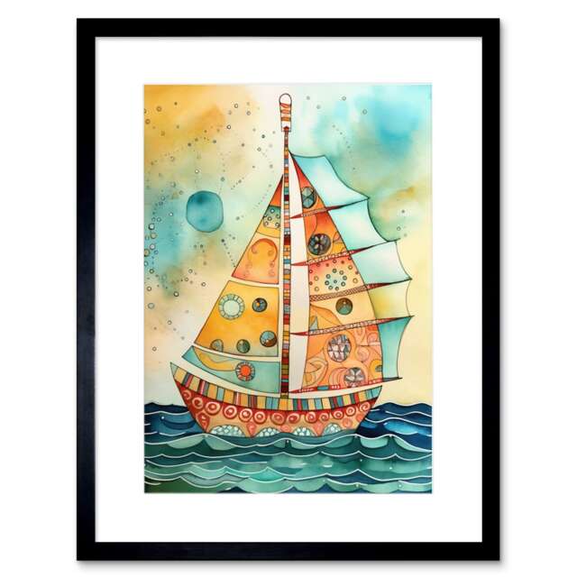 "Sailboat Dorsal Fin Sail Folk Art 9x7"" Black Framed Wall Art Print"