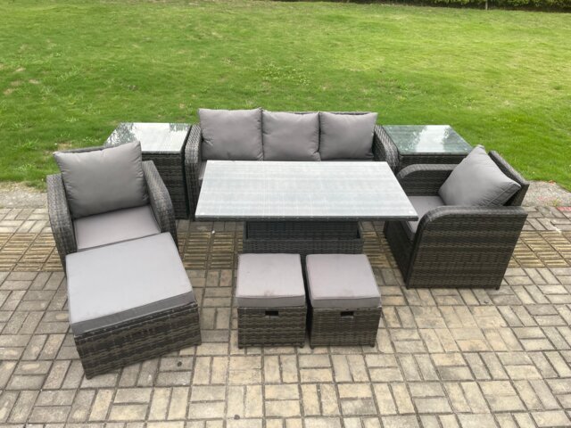 Fimous Outdoor Rattan Furniture Sofa Garden Dining Sets Height Adjustable Rising lifting Table and Chair Set With 2 Side Tables 3 Footstools