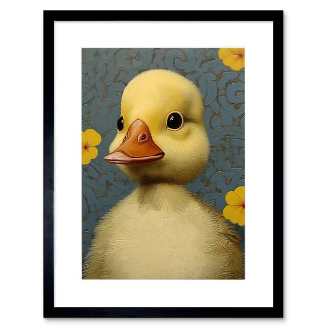 "Duckling Flowers Kids Bedroom Baby Nursery Duck 9x7"" Black Framed Wall Art Print"