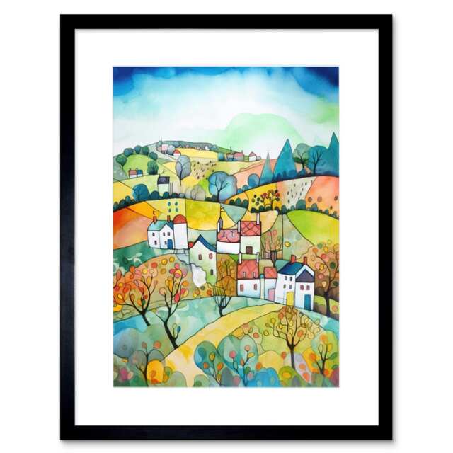 "English Country Rural Landscape Folk Art Watercolour 9x7"" Black Framed Wall Art Print"