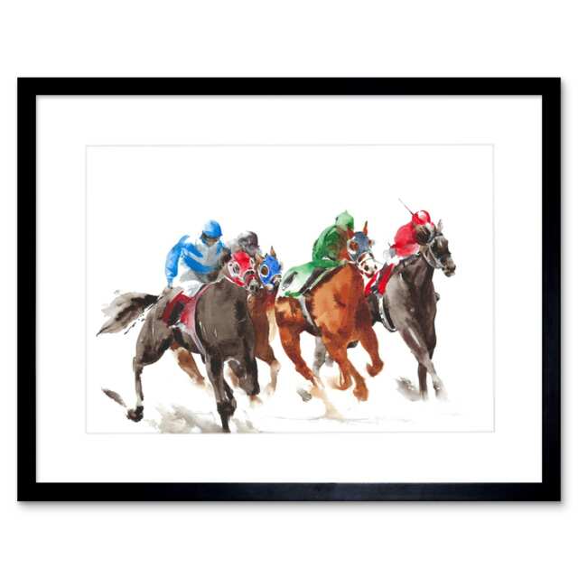 "Horse Race Racing Sport Bright Painting 9x7"" Black Framed Wall Art Print"
