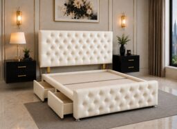 Divan Bed with Upholstered Headboard & Footboard Base 4FT6 Double Cream Leather 4 Drawers