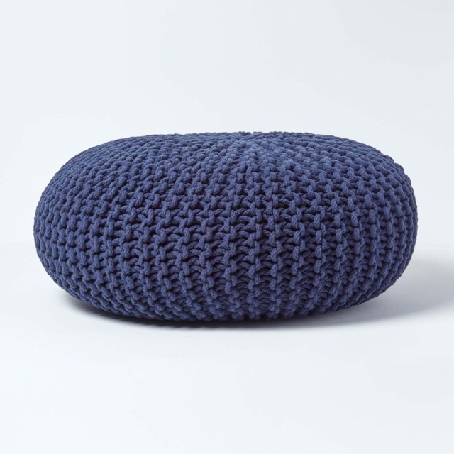 Homescapes Navy Blue Large Round Cotton Knitted Pouffe Footstool