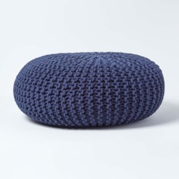 Homescapes Navy Blue Large Round Cotton Knitted Pouffe Footstool