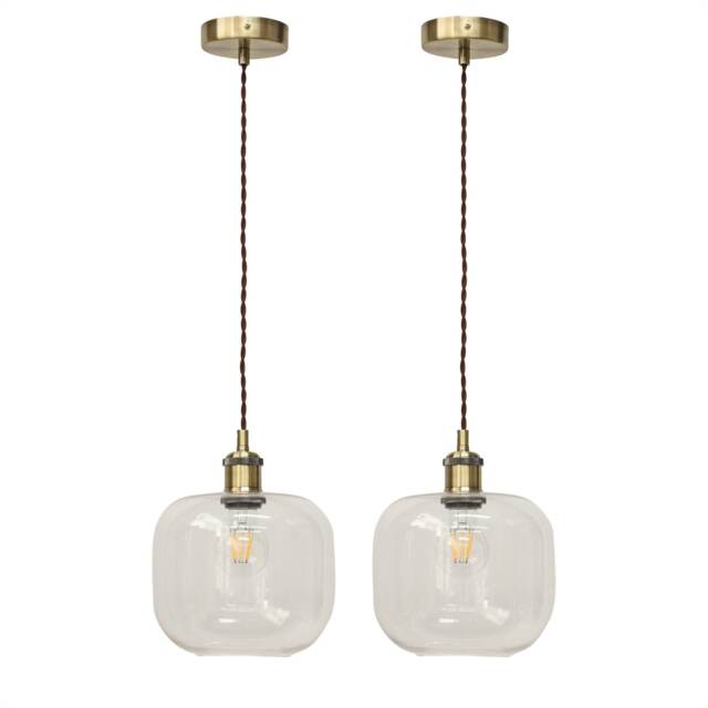 Set of 2 Bletch - Clear Glass Antique Brass Retro Pendant Fittings