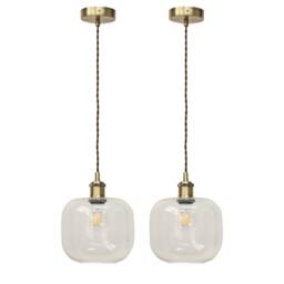 Set of 2 Bletch - Clear Glass Antique Brass Retro Pendant Fittings