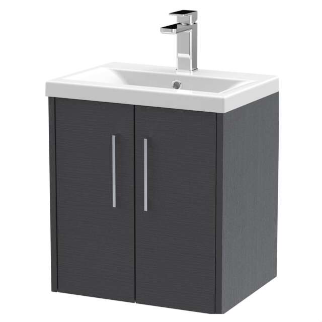 Balterley Winshill Contemporary 2 Door Wall Hung Vanity Unit with Mid-Edge Basin, Woodgrain Dark Grey, 500mm