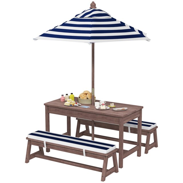 AIYAPLAY Kids Picnic Table, Wooden Kids Garden Furniture with Umbrella Blue Navy blue, dark brown Table: 89 x 44 x 50 cm, Bench: 89 x 28 x 27.5 cm, Umbrella: Dia. 120 x 153 cm