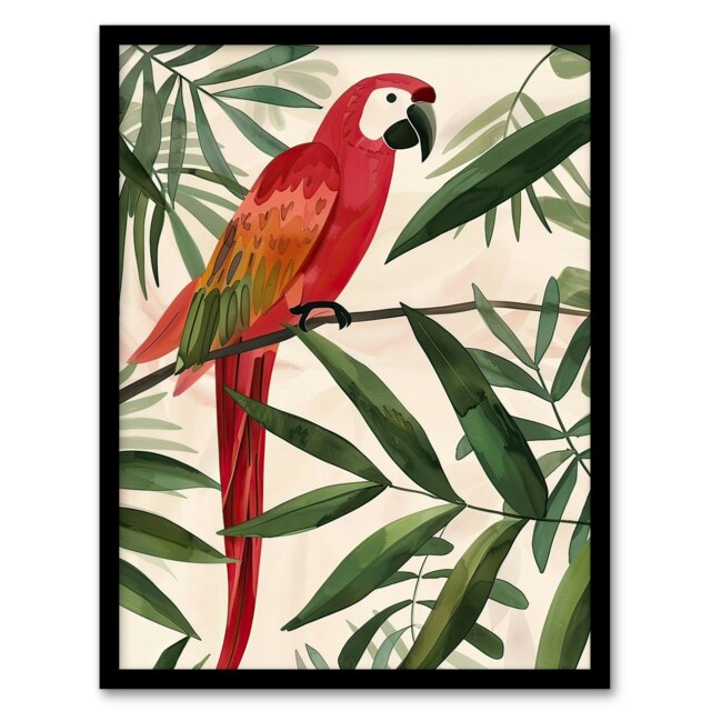 Scarlet Macaw Parrot on Tropical Tree Branch Black Framed Wall Art Print A4